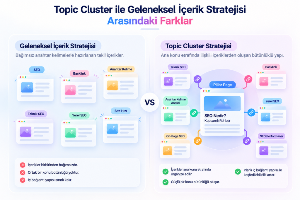 Topic Cluster Nedir? 4 Topic Cluster ve Geleneksel Strateji Karsilastirmasi